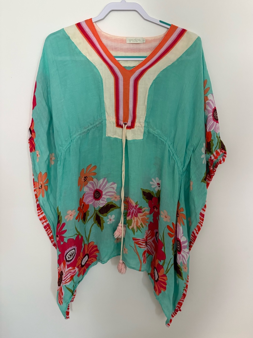 Spartina 449 Turquoise Colorful Floral Boho Tunic  Beachy Coverup Linen Small